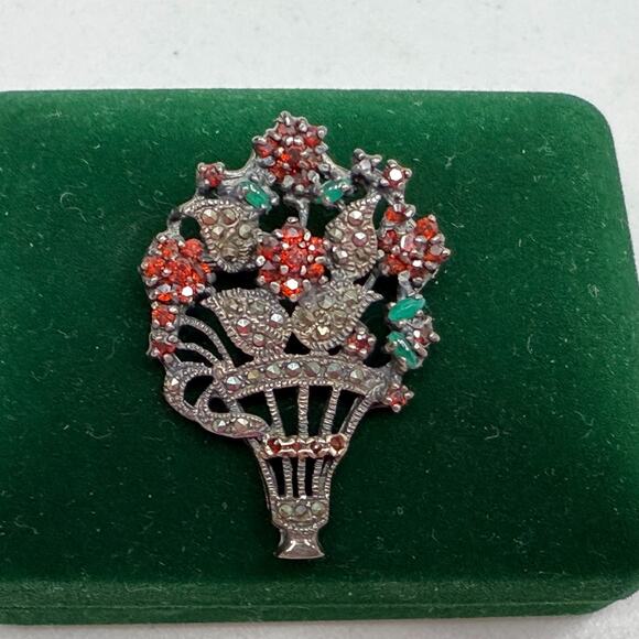 Vintage Sterling Brooch Pendant Flower Basket Marcasite-Garnet-Green Quartz Pin - Picture 3 of 15